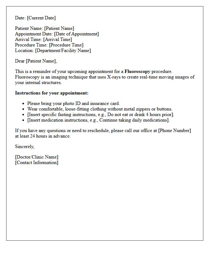 Fluoroscopy Test Patient Appointment Reminder Letter
