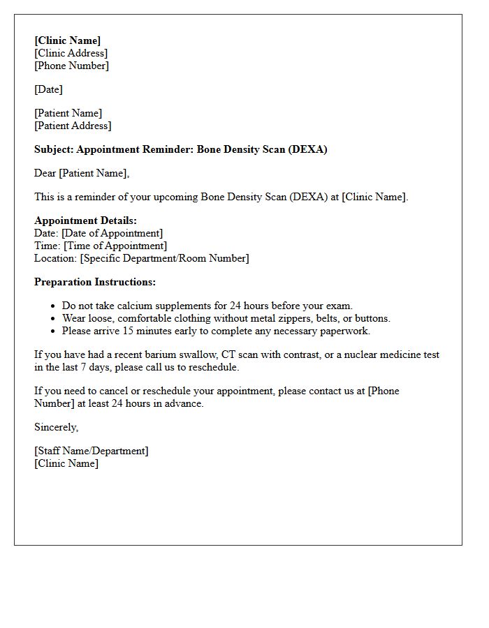 Bone Density Scan Clinical Appointment Reminder Letter
