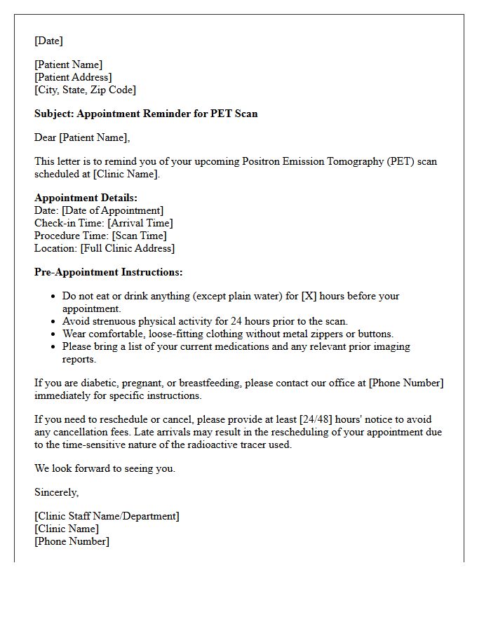 Positron Emission Tomography Clinic Reminder Letter