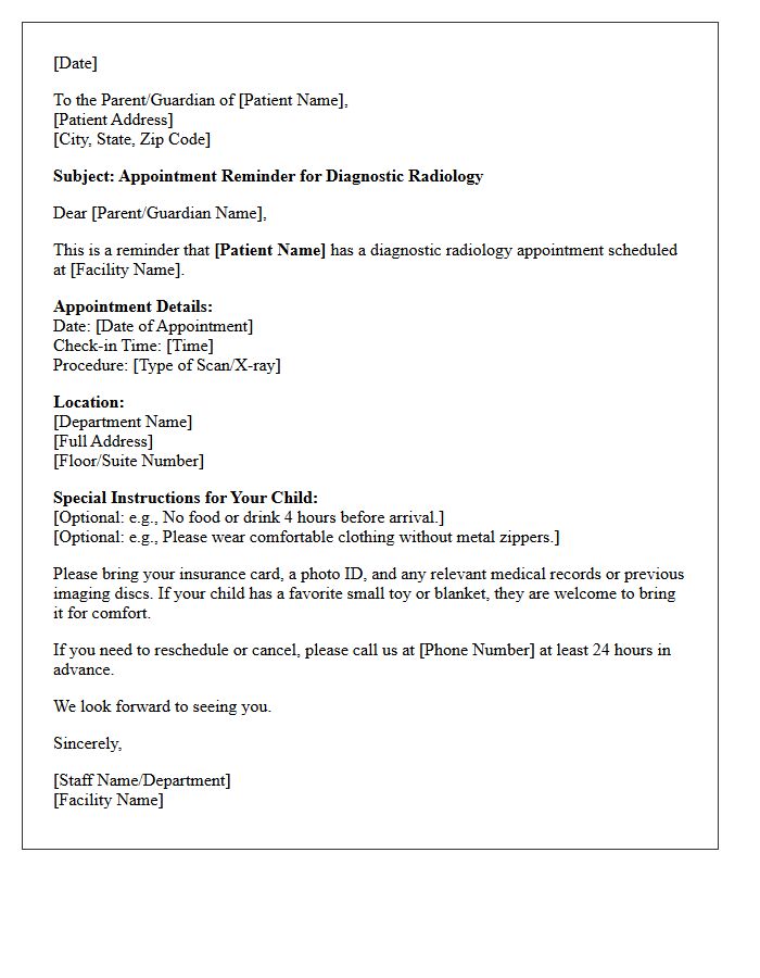 Pediatric Diagnostic Radiology Visit Reminder Letter