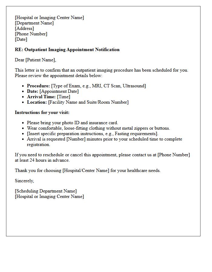 Outpatient Imaging Scheduling Notice Letter