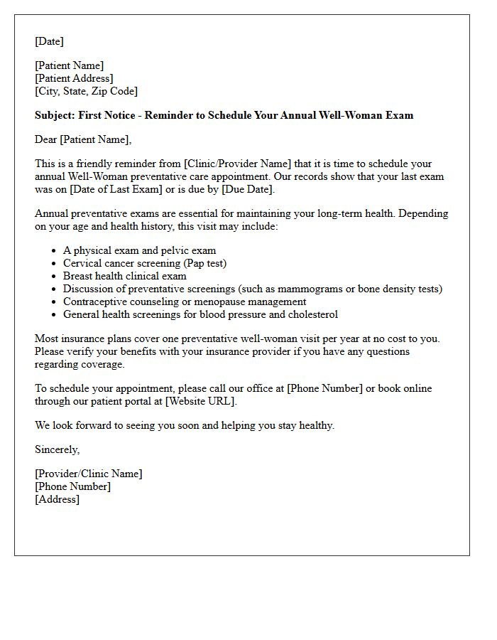 First Notice Well-Woman Preventative Care Appointment Reminder Letter
