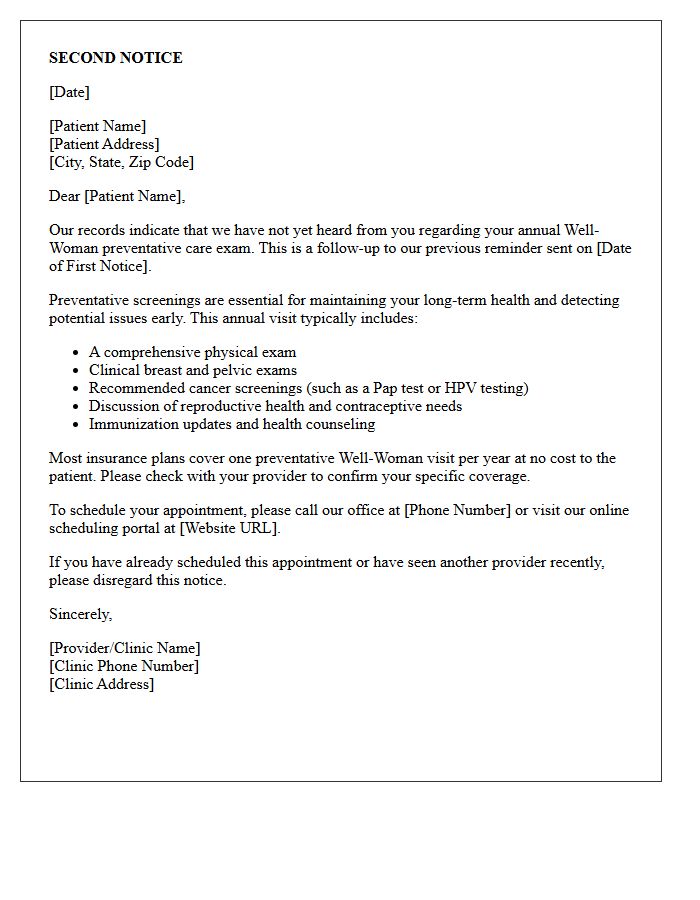 Second Notice Well-Woman Preventative Care Appointment Reminder Letter