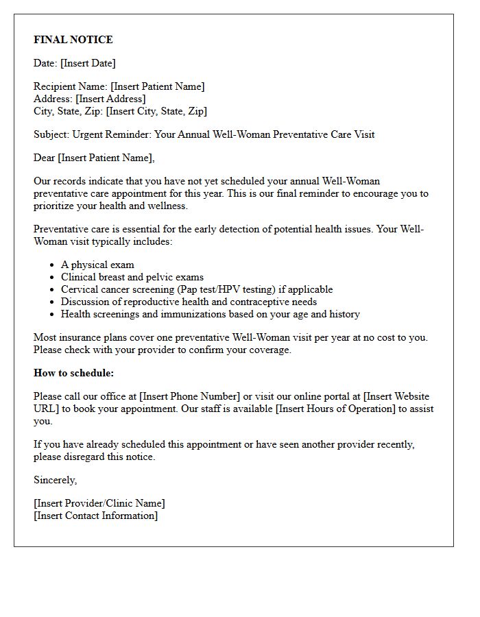 Final Notice Well-Woman Preventative Care Appointment Reminder Letter