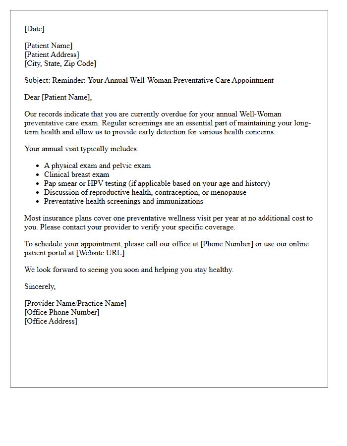 Overdue Annual Well-Woman Preventative Care Appointment Reminder Letter