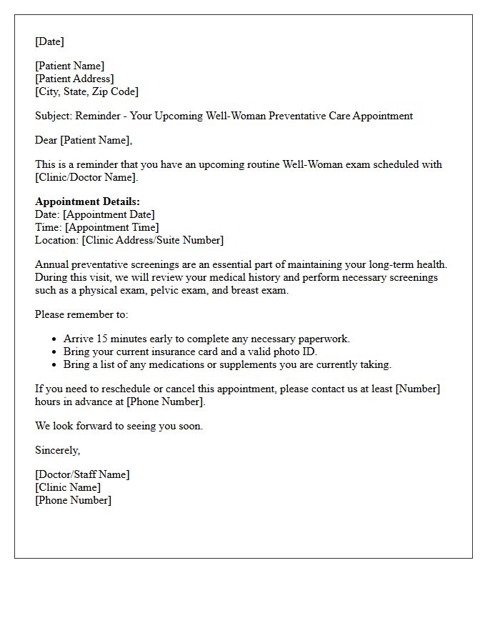 Upcoming Routine Well-Woman Preventative Care Appointment Reminder Letter