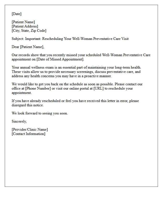 Missed Well-Woman Preventative Care Appointment Rescheduling Reminder Letter