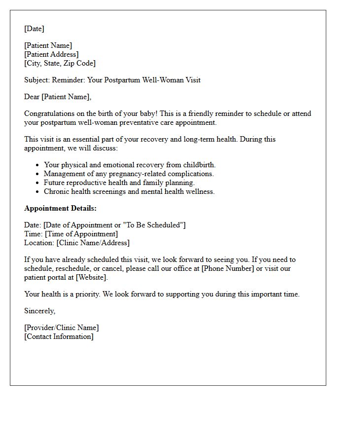 Postpartum Well-Woman Preventative Care Appointment Reminder Letter