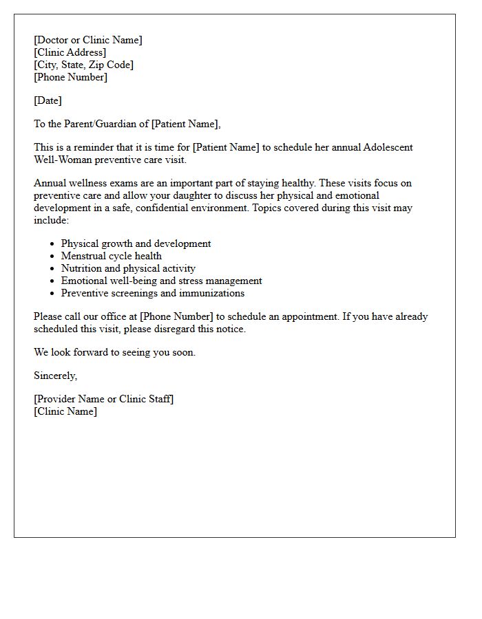 Adolescent Well-Woman Preventative Care Appointment Reminder Letter