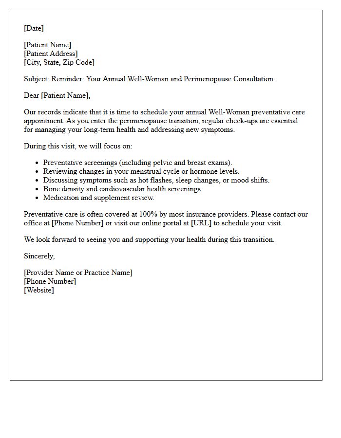 Perimenopause Well-Woman Preventative Care Appointment Reminder Letter