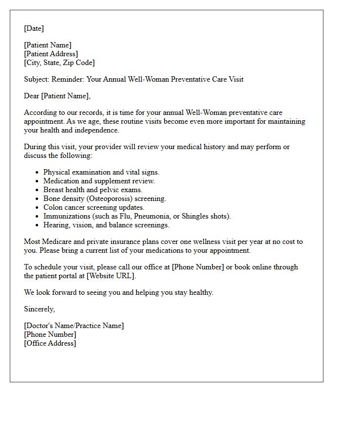Senior Well-Woman Preventative Care Appointment Reminder Letter