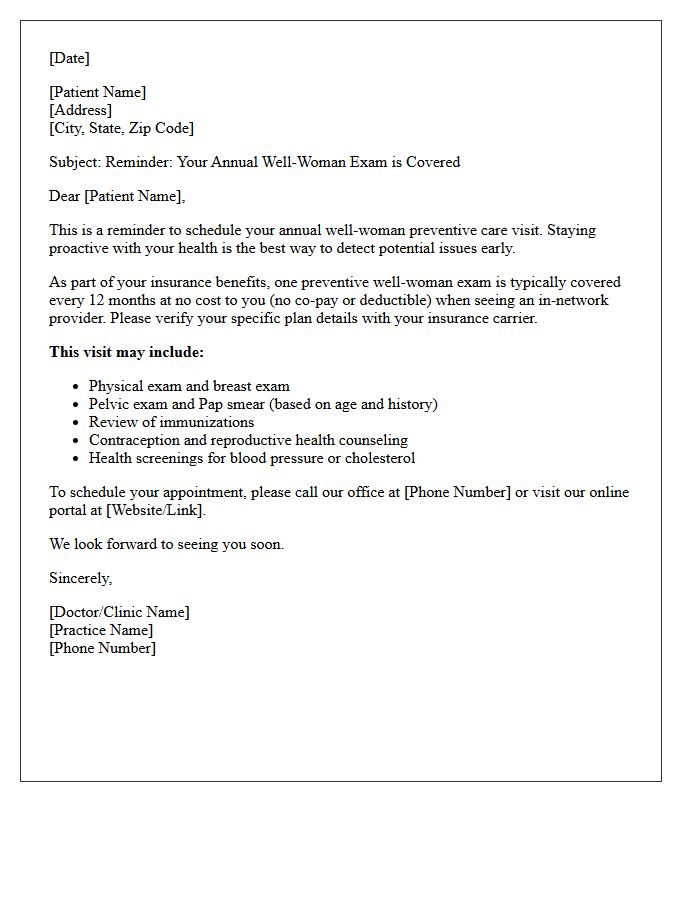 Insurance Benefit Covered Well-Woman Preventative Care Appointment Reminder Letter