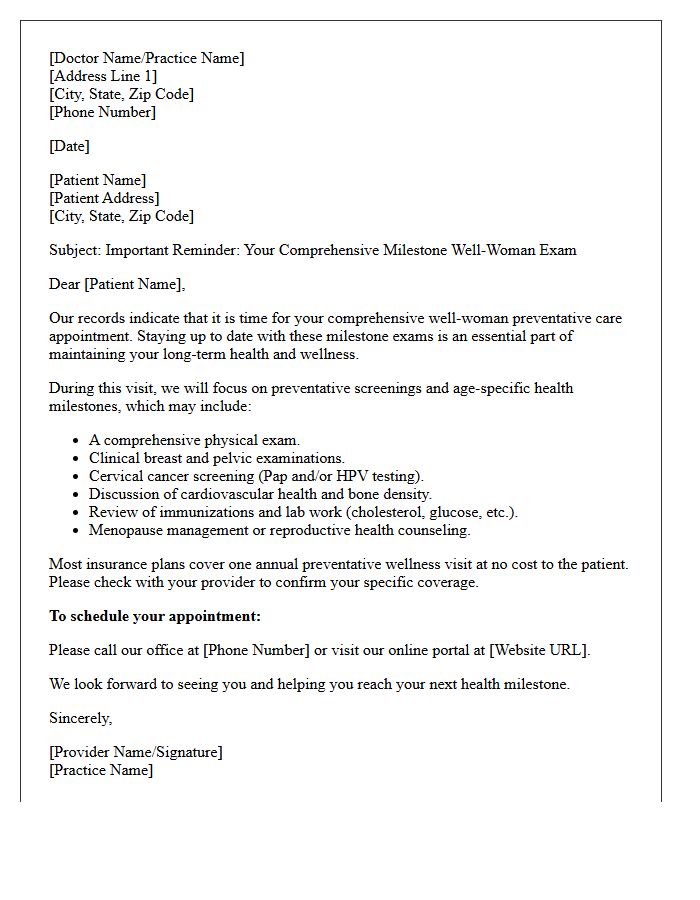 Comprehensive Milestone Well-Woman Preventative Care Appointment Reminder Letter