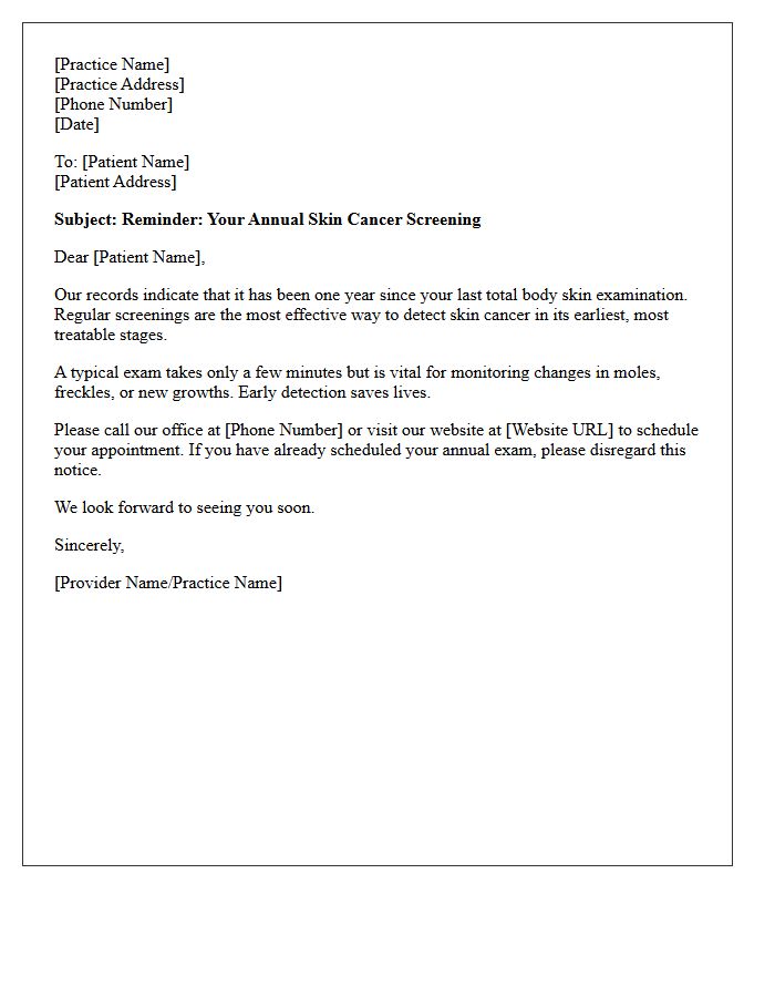 Annual Dermatology Skin Screening Reminder Letter