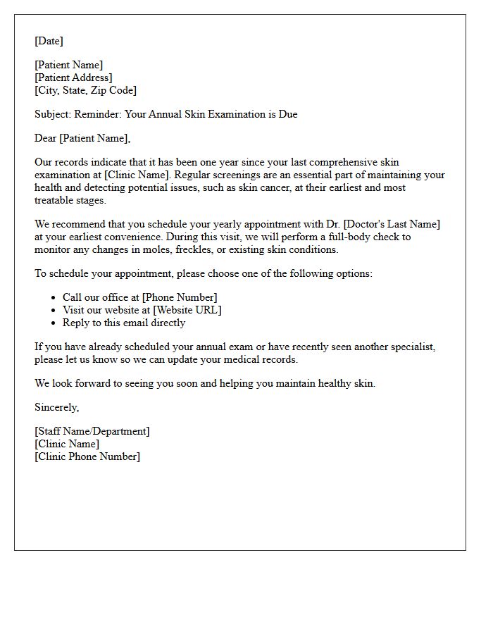 Medical Clinic Yearly Skin Examination Reminder Letter