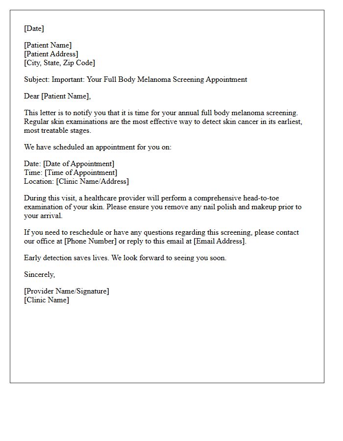 Full Body Melanoma Screening Notification Letter