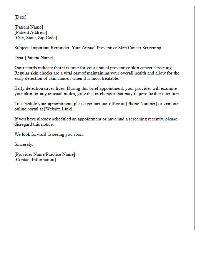 Preventive Care Skin Cancer Screening Reminder Letter