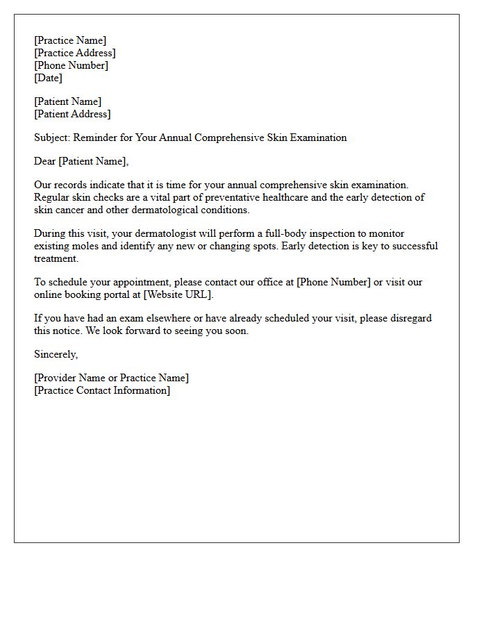 Comprehensive Dermatology Annual Visit Recall Letter