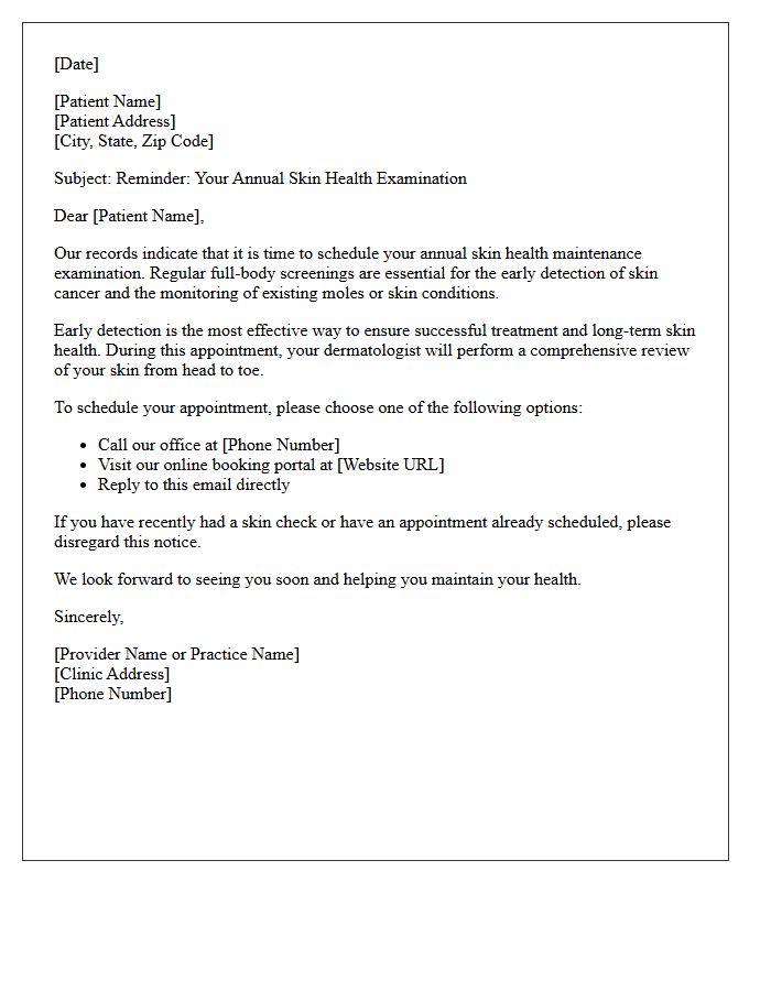 Annual Skin Health Maintenance Scheduling Letter