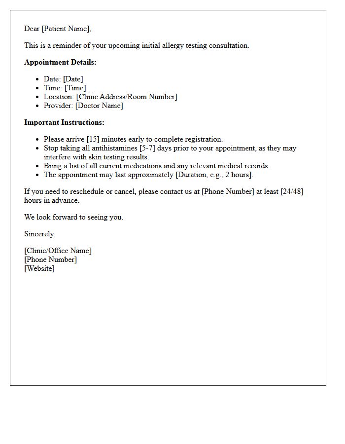 Initial Allergy Testing Consultation Appointment Reminder Letter