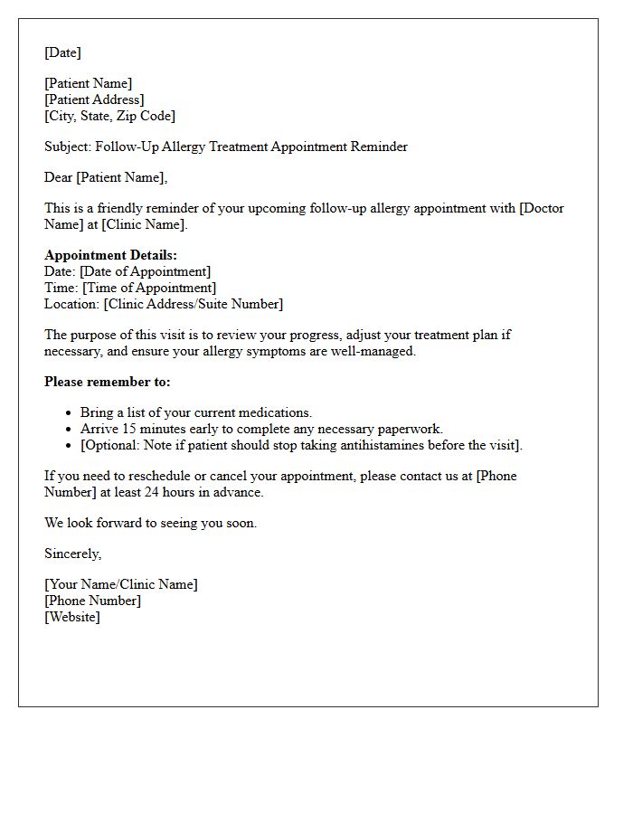 Follow-Up Allergy Treatment Appointment Reminder Letter