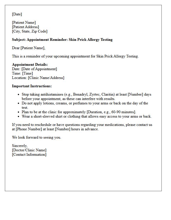 Skin Prick Allergy Testing Appointment Reminder Letter