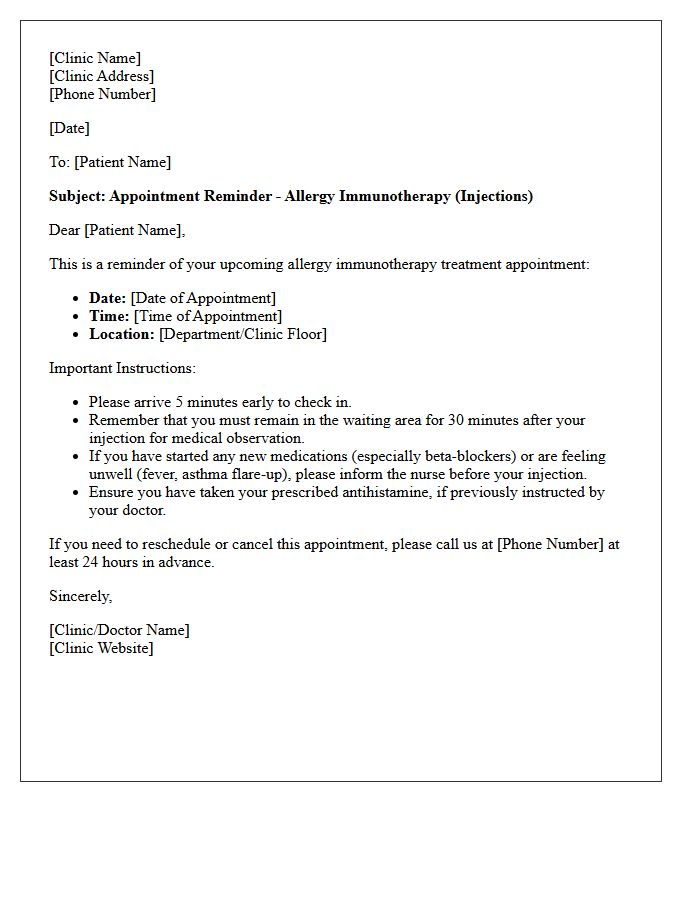 Allergy Immunotherapy Treatment Appointment Reminder Letter