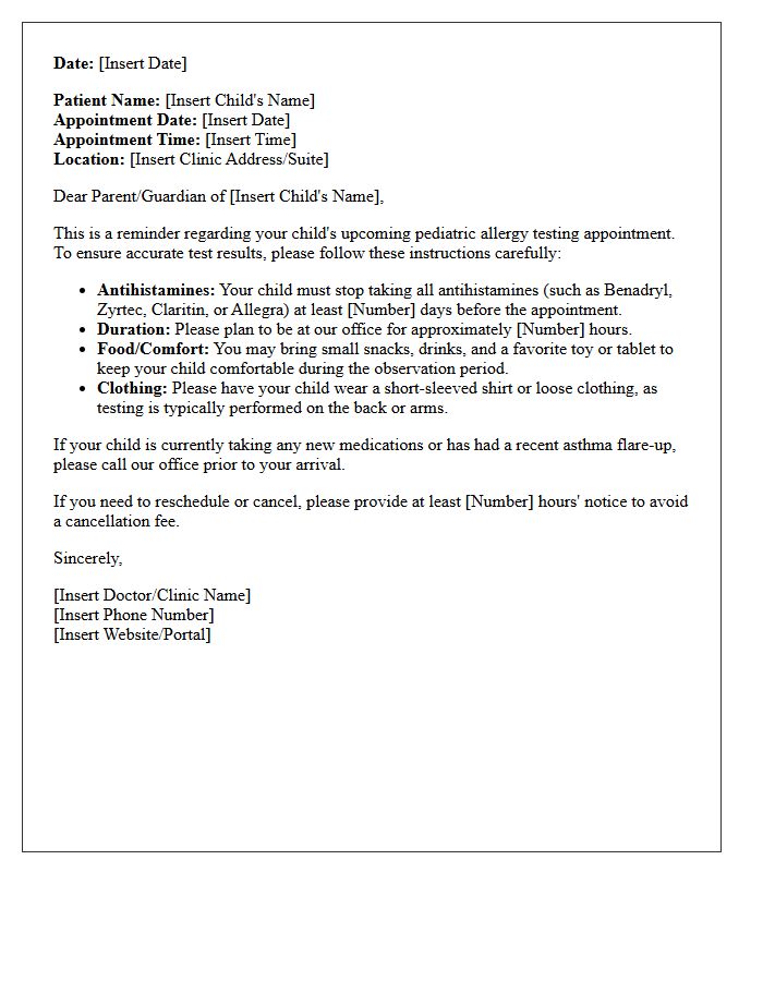 Pediatric Allergy Testing Appointment Reminder Letter