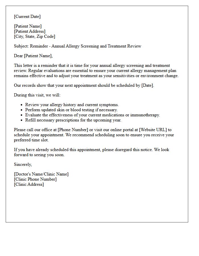 Annual Allergy Screening And Treatment Appointment Reminder Letter