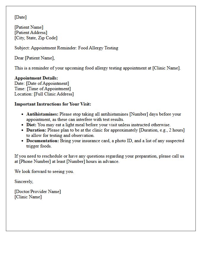 Food Allergy Testing Appointment Reminder Letter