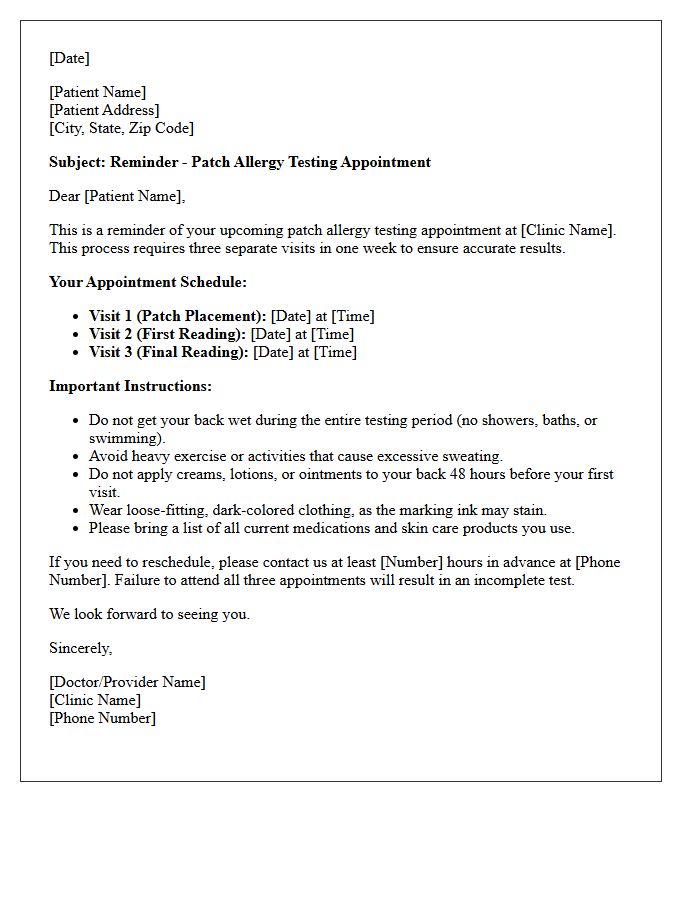 Patch Allergy Testing Appointment Reminder Letter