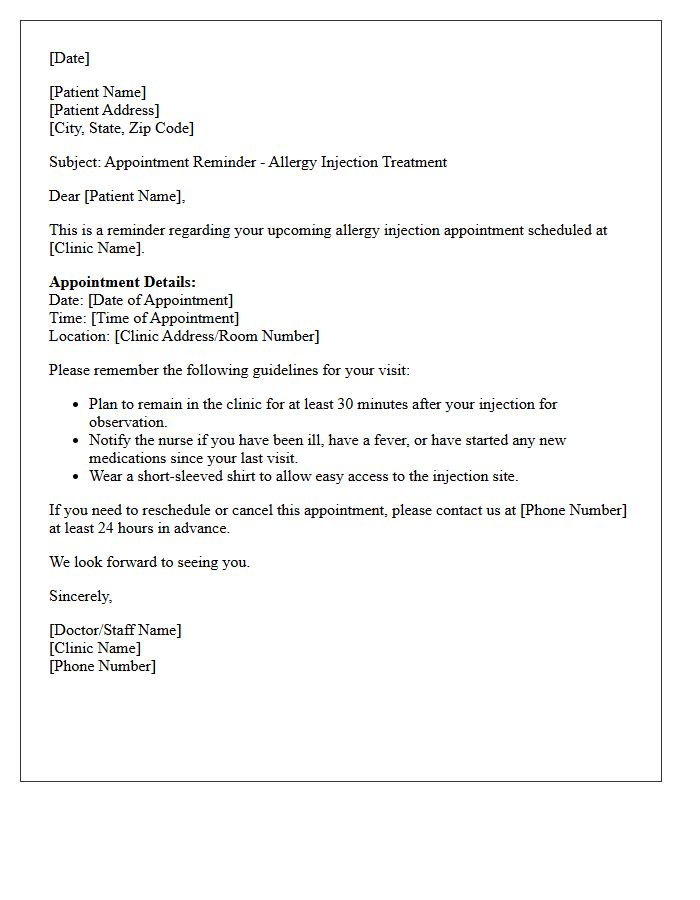 Allergy Injection Treatment Appointment Reminder Letter