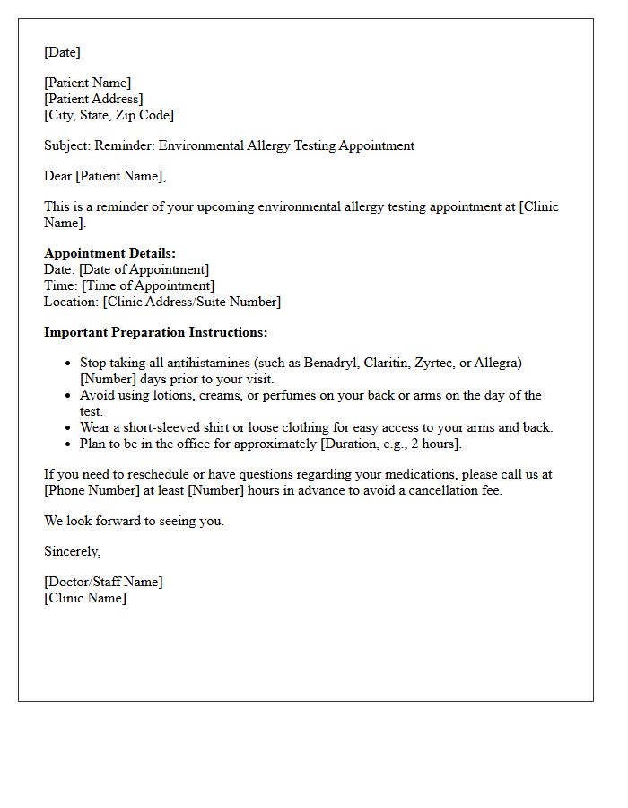 Environmental Allergy Testing Appointment Reminder Letter