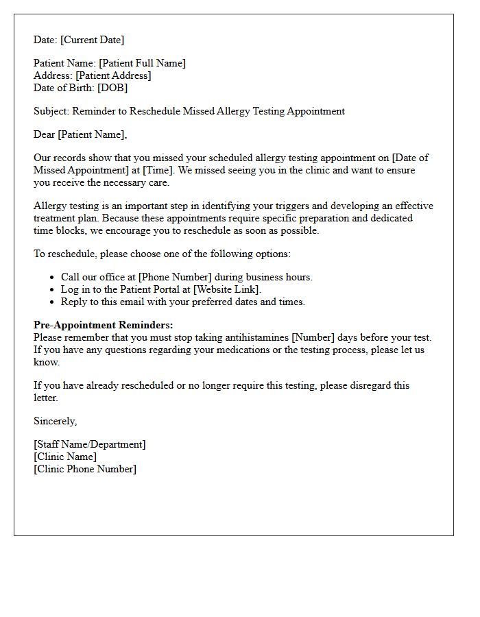Reschedule Missed Allergy Testing Appointment Reminder Letter