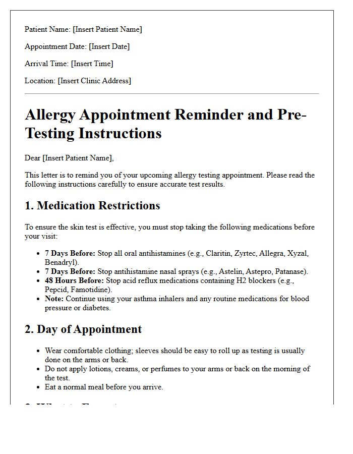Pre-Testing Instructions And Allergy Appointment Reminder Letter