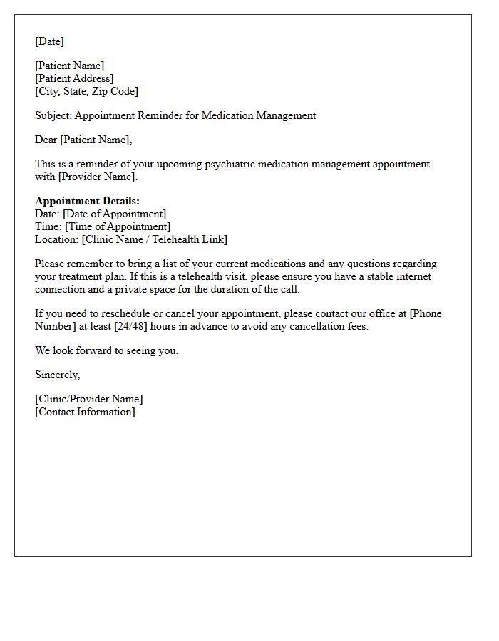 Standard Psychiatric Medication Management Appointment Reminder Letter