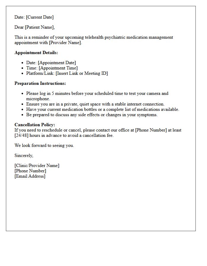 Telehealth Psychiatric Medication Management Appointment Reminder Letter