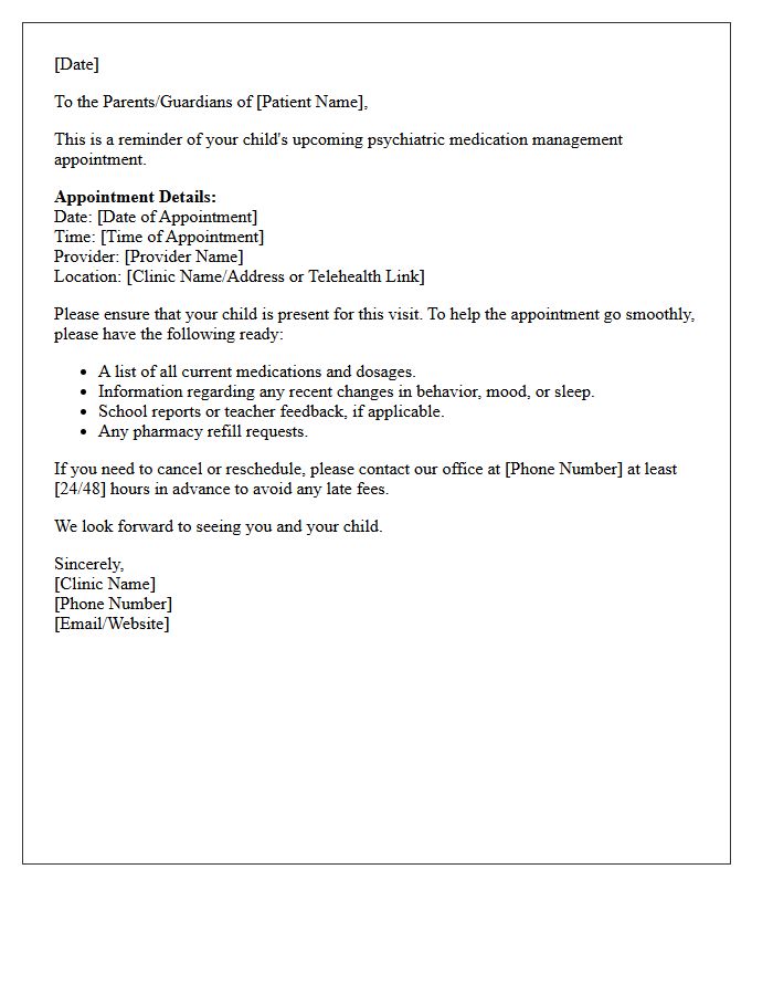 Pediatric Psychiatric Medication Management Appointment Reminder Letter