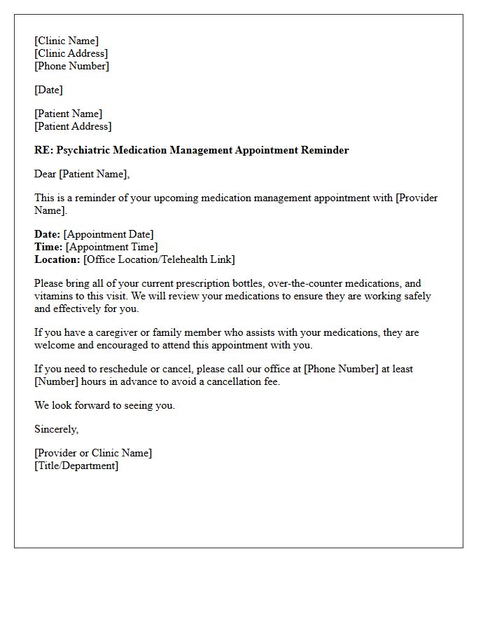 Geriatric Psychiatric Medication Management Appointment Reminder Letter