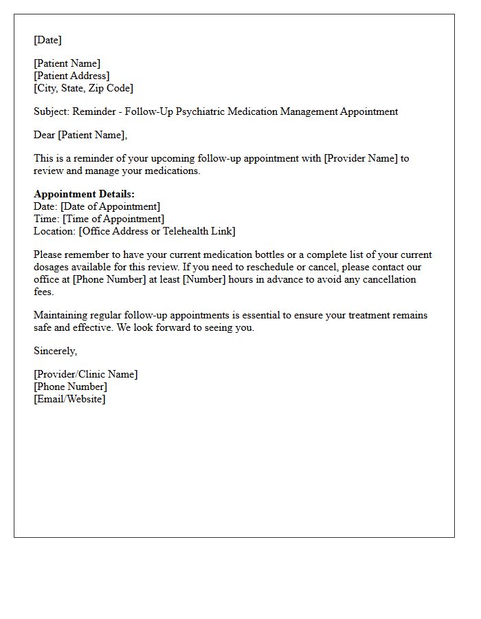 Follow-Up Psychiatric Medication Management Appointment Reminder Letter