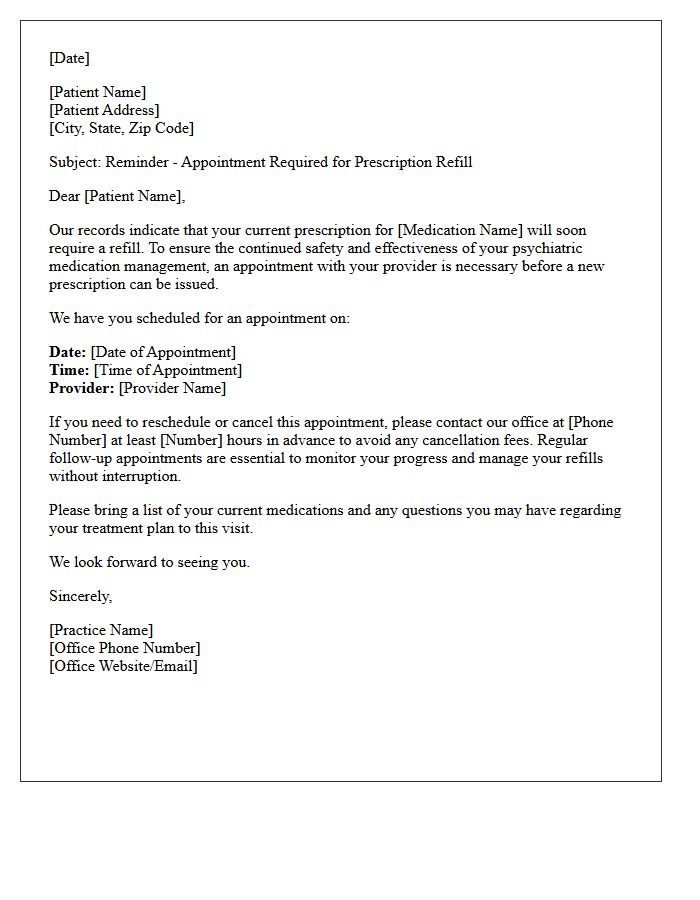 Prescription Refill Psychiatric Medication Management Appointment Reminder Letter