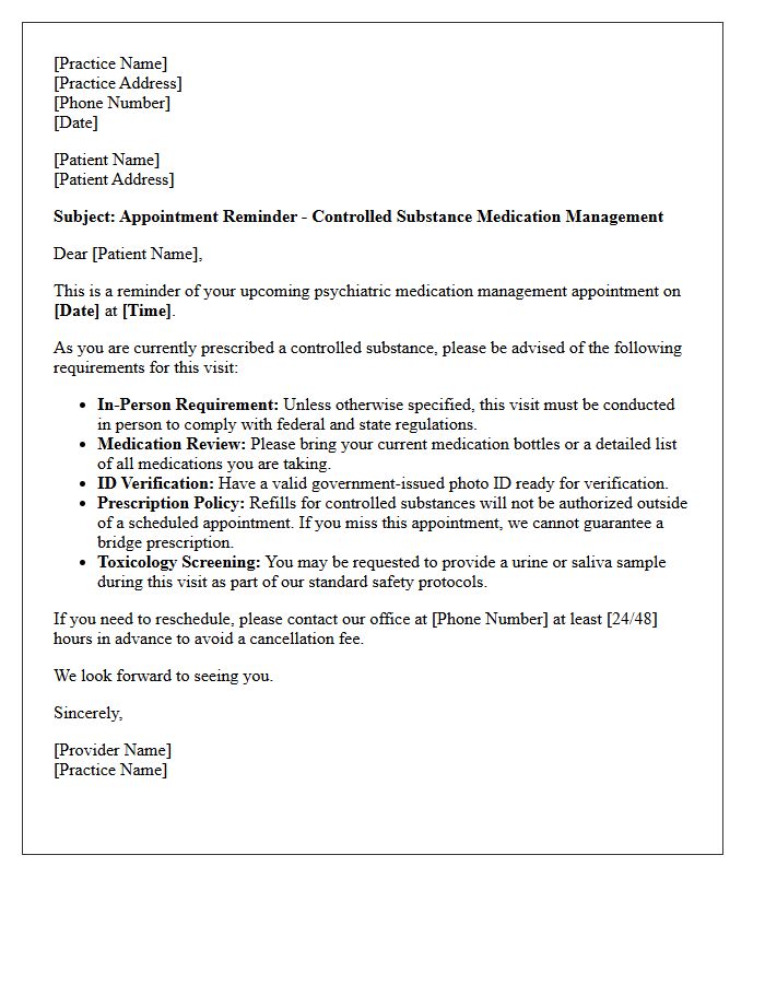 Controlled Substance Psychiatric Medication Management Appointment Reminder Letter