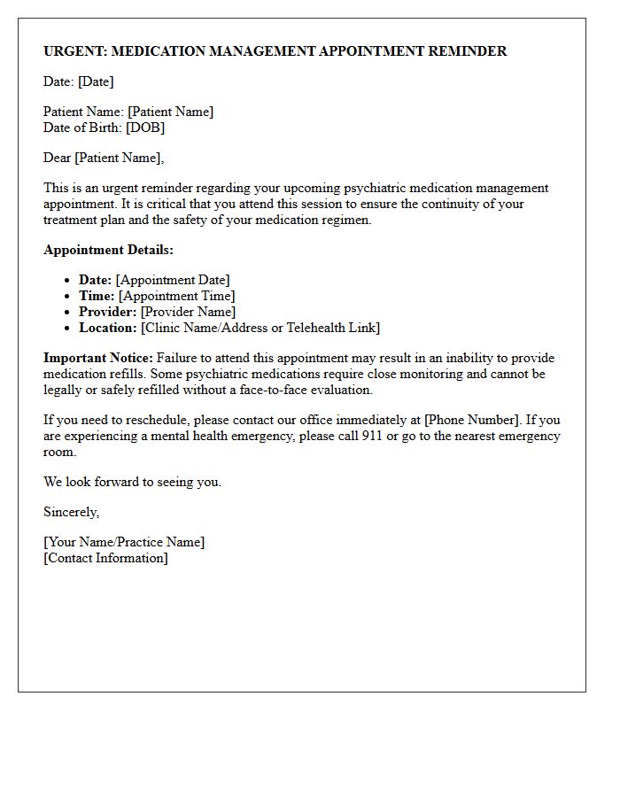 Urgent Psychiatric Medication Management Appointment Reminder Letter