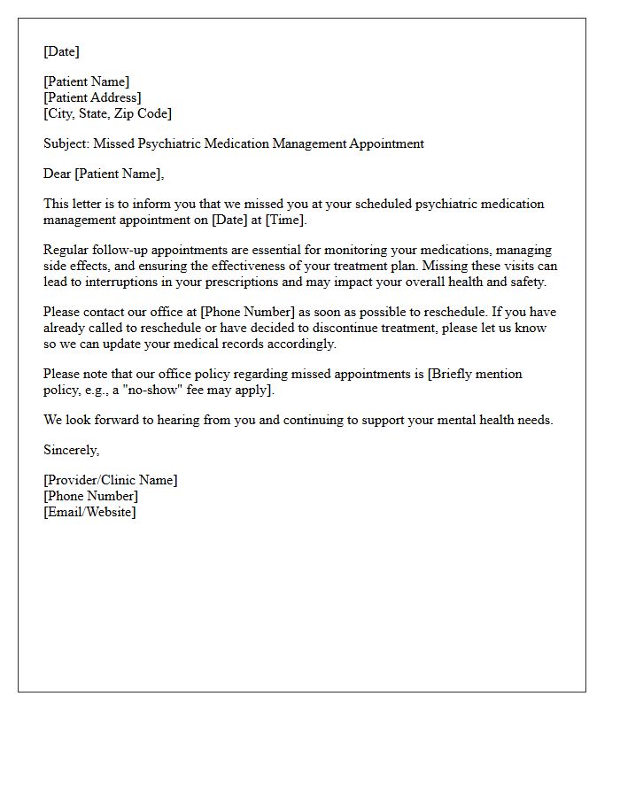 Missed Psychiatric Medication Management Appointment Reminder Letter