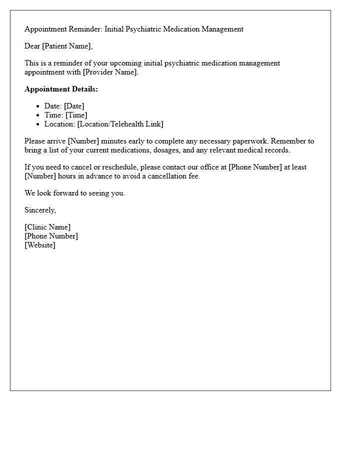 Initial Psychiatric Medication Management Appointment Reminder Letter