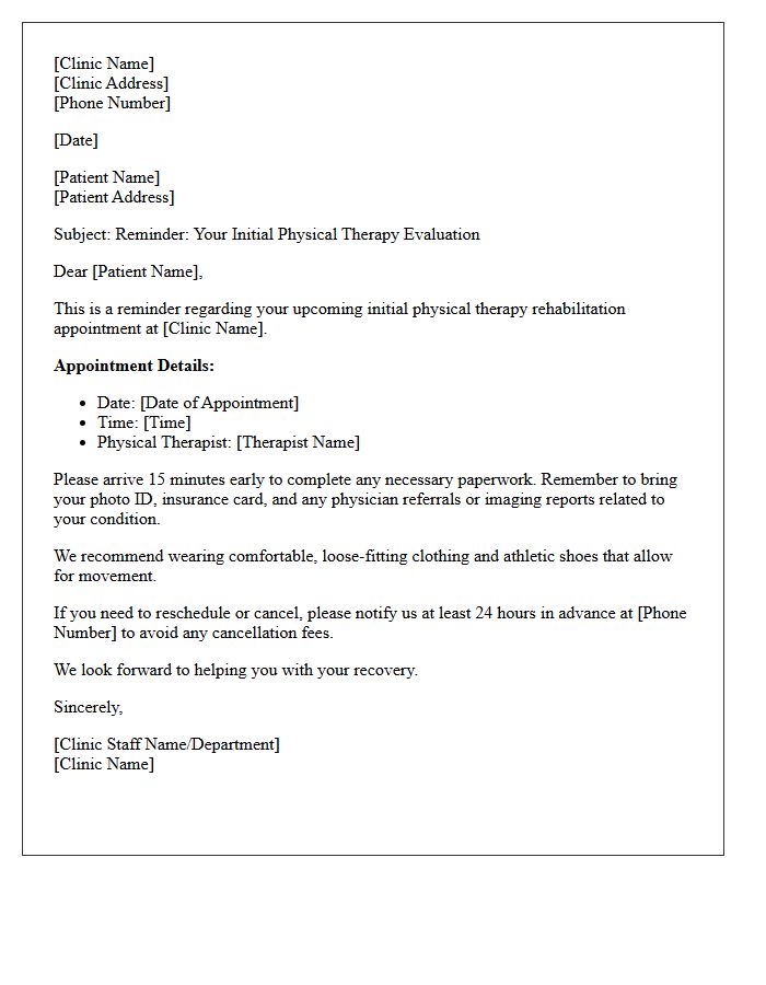 Initial Physical Therapy Rehabilitation Appointment Reminder Letter