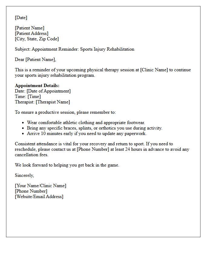 Sports Injury Physical Therapy Rehabilitation Appointment Reminder Letter