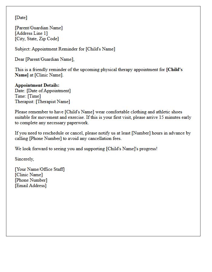 Pediatric Physical Therapy Rehabilitation Appointment Reminder Letter