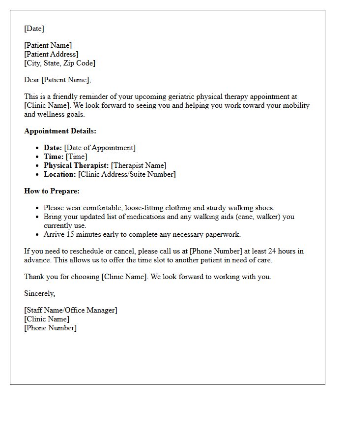 Geriatric Physical Therapy Rehabilitation Appointment Reminder Letter
