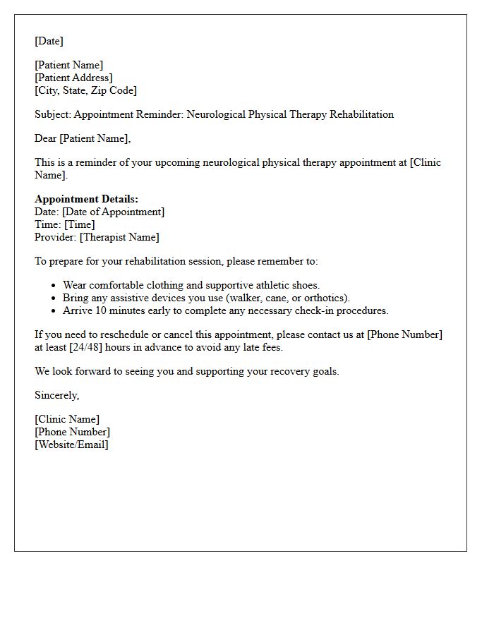 Neurological Physical Therapy Rehabilitation Appointment Reminder Letter